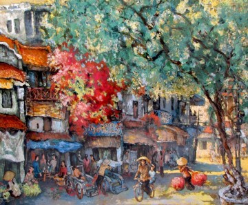 Busy morning Marketplace Vietnamese Asian Oil Paintings
